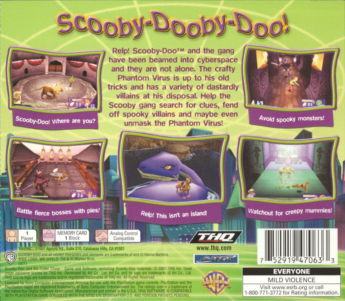 Scooby-Doo and the Cyber Chase Greatest Hits PlayStation 1 action-adventure video game based on the animated film Scooby Shaggy Mystery Inc gang transported into computer world levels based on locations chasing Phantom Virus platforming puzzle solving collectible Scooby snacks THQ Hanna-Barbera license cooperative gameplay back cover