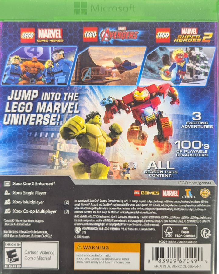 LEGO Marvel Collection Xbox One video game, action adventure bundle, LEGO superhero gameplay, cooperative multiplayer, console title back cover