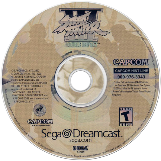 Street Fighter III Double Impact game for the Sega Dreamcast featuring 2D fighting gameplay with refined combat mechanics multiple character roster options arcade style matches and enhanced versions of Street Fighter III and 2nd Impact with parry based combat and competitive versus modes disc