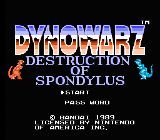 Dynowarz The Destruction of Spondylus Complete in Box CIB Nintendo Entertainment System NES for retro video game enthusiasts featuring action platforming gameplay futuristic mech combat side scrolling shooting dinosaur enemies challenging stages complete in box collectible gaming appeal gameplay