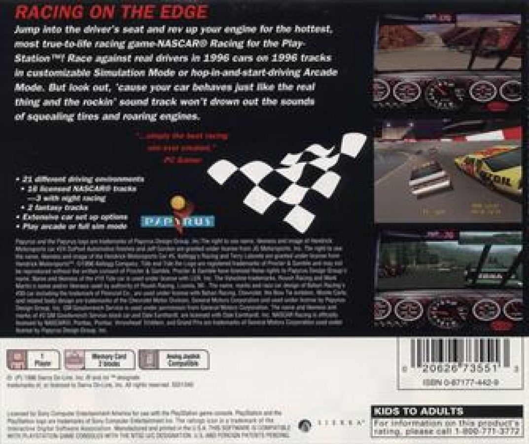 NASCAR Racing back of case for PlayStation 1 (PS1) video game