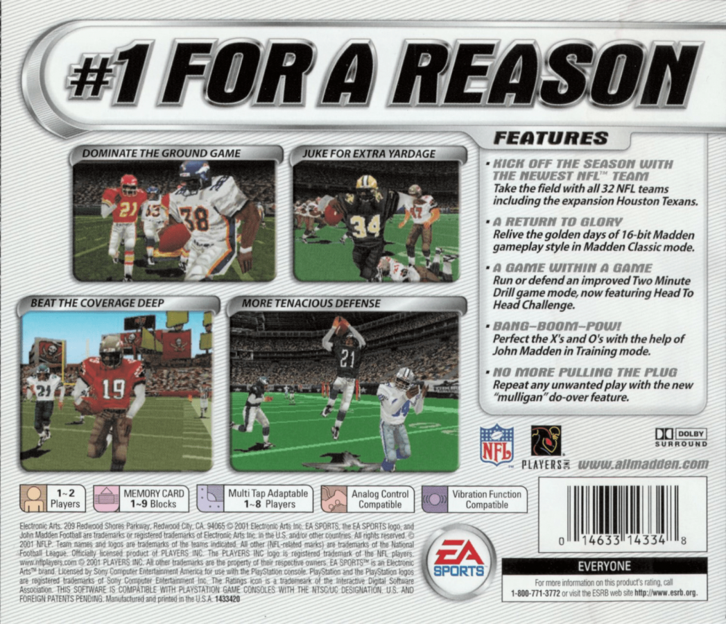 Madden NFL 2002 back of case for PlayStation 1 (PS1) retro football video game