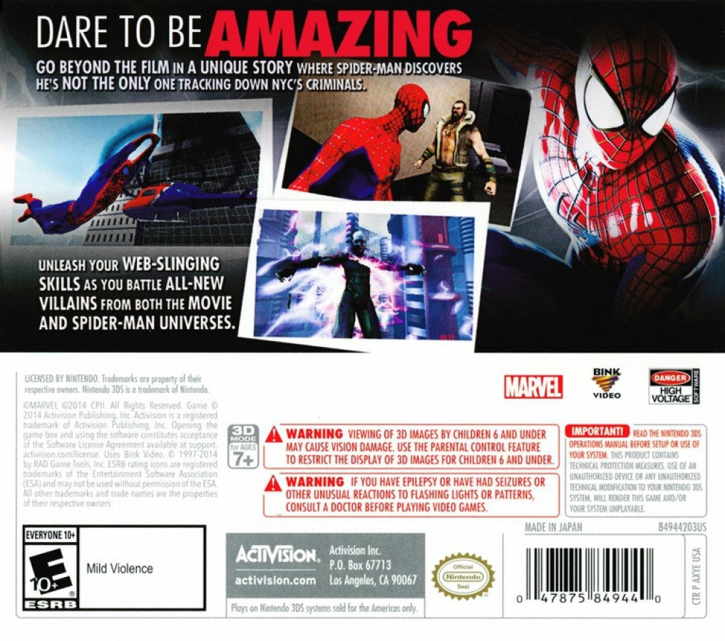 The Amazing Spider-Man 2 back of case for Nintendo 3DS (3DS) action adventure video game