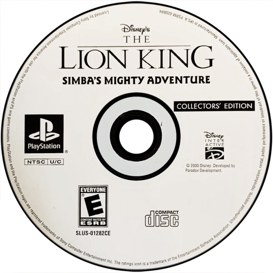 The Lion King Simba's Mighty Adventure Collector’s Edition game for the PlayStation featuring action adventure gameplay with platforming elements as players control Simba through levels based on The Lion King and The Lion King II with puzzle solving combat and story driven progression disc