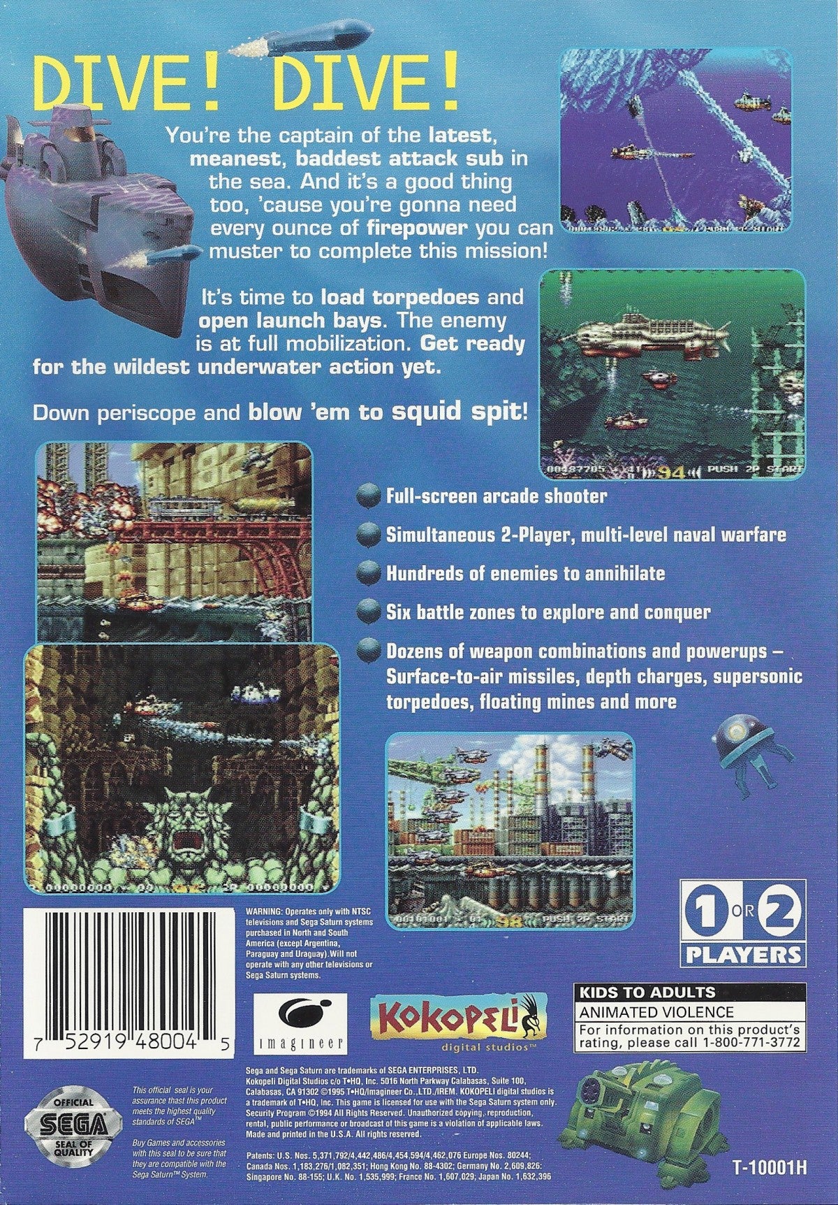 In The Hunt arcade Sega Saturn side scrolling submarine shooter underwater combat military sci fi action giant mechanical enemies explosive torpedoes Irem arcade port retro gaming Sega Saturn software video game title back cover art