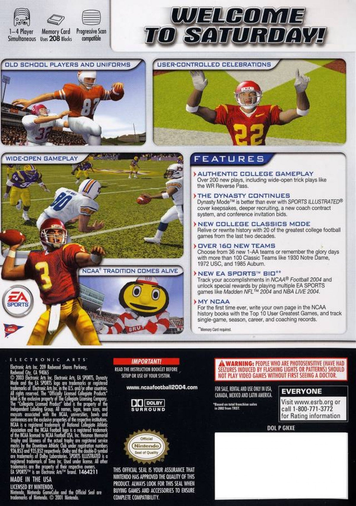 NCAA Football 2004 GameCube inspired design featuring college football sports simulation aesthetic authentic stadium atmosphere legendary university teams intense gridiron action dynasty mode gameplay competitive championship tradition nostalgic Nintendo presentation back cover