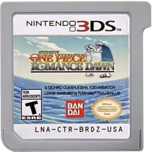 One Piece Romance Dawn Nintendo 3DS game featuring turn based RPG gameplay following Luffy and the Straw Hat crew with story driven adventures character progression and battles based on the One Piece anime series cartridge