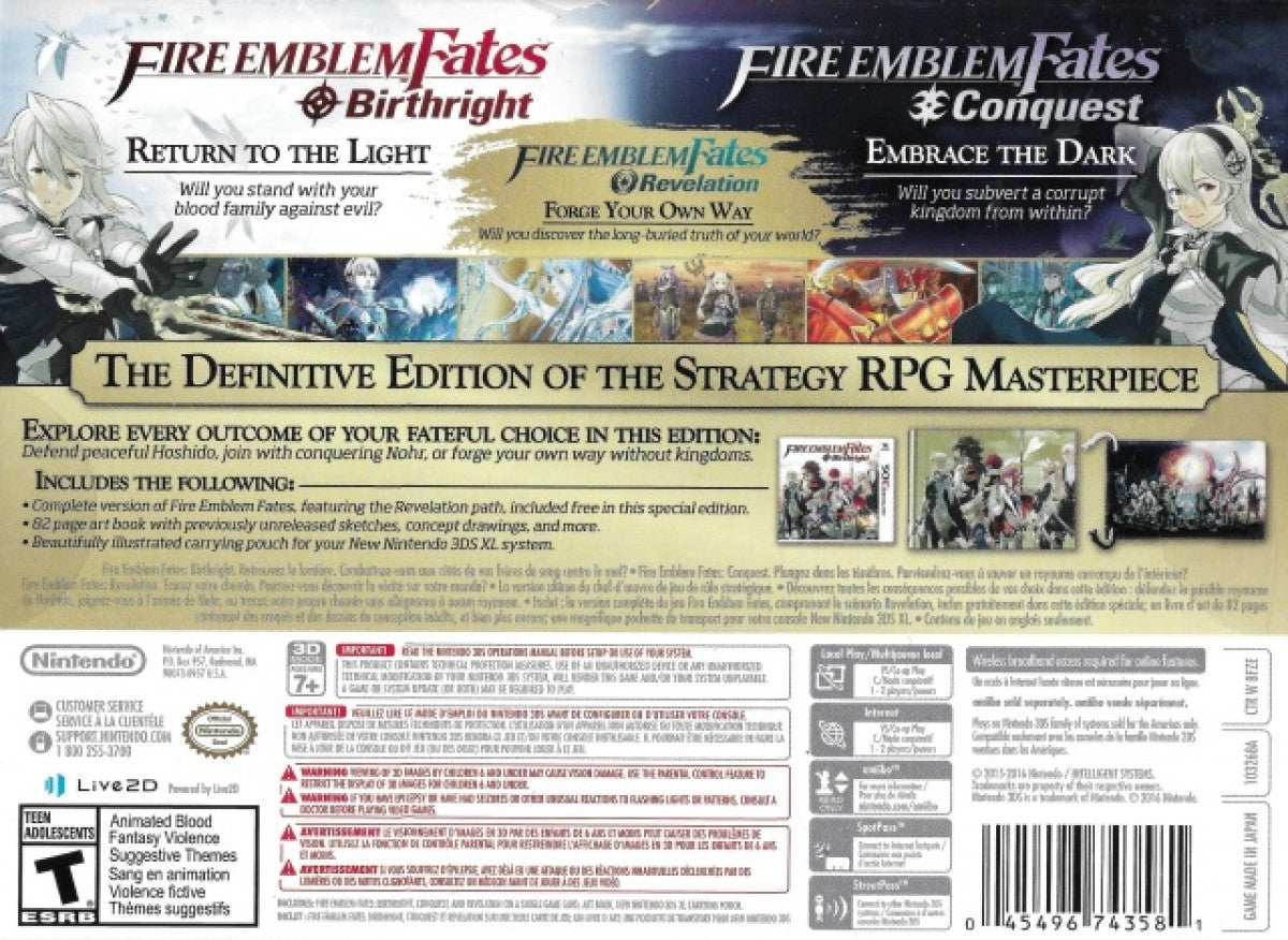 Fire Emblem Fates Special Edition special edition release for the Nintendo 3DS featuring all three story paths Birthright Conquest and Revelation with tactical RPG gameplay character relationships and strategic turn based battles in a fantasy setting back cover art