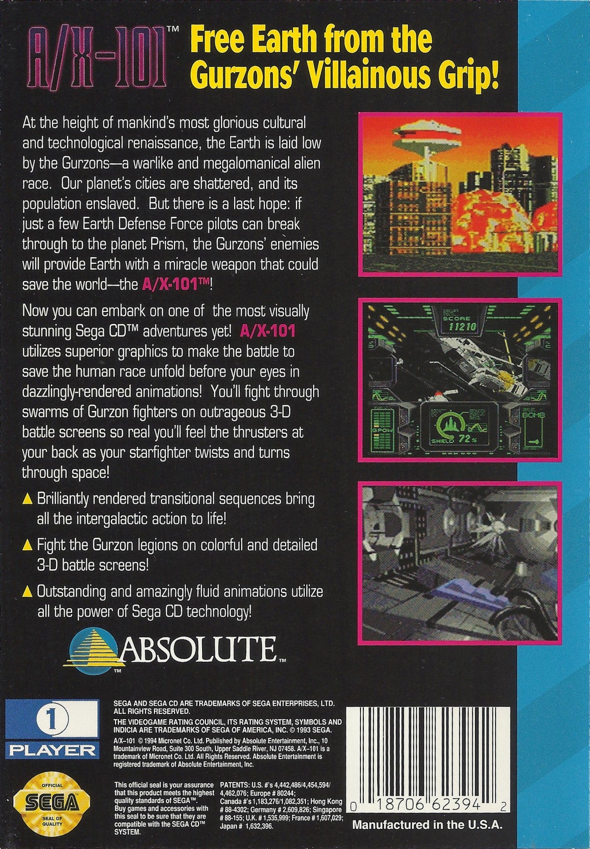 A/X-101 Sega CD full motion video FMV rail shooter sci fi space combat laserdisc style gameplay animated cinematic action spaceship battles futuristic arcade shooting retro gaming Sega CD software video game title back cover art