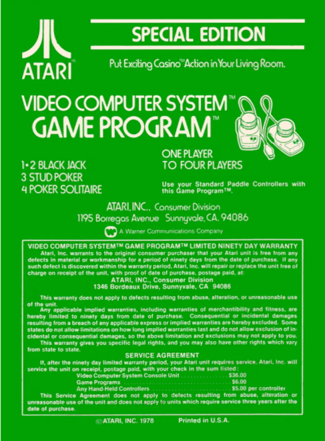 Casino Text Label for Atari 2600, back of case for a casino card and gambling video game with classic table games, retro card gameplay, chance-based challenges, and vintage home console fun