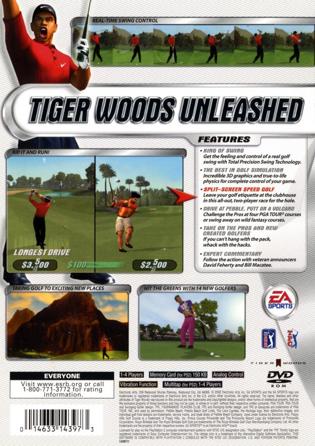 Tiger Woods PGA Tour 2002 – PlayStation 2 (PS2) video game back of case, golf sports simulation.