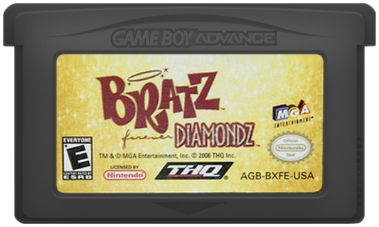 Bratz Forever Diamondz Game Boy Advance GBA video game, fashion and adventure gameplay, character customization, handheld console title cartridge art