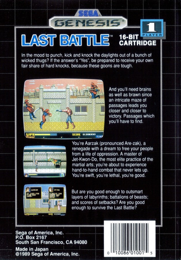 Last Battle Sega Genesis GEN for retro video game enthusiasts featuring side scrolling action gameplay martial arts combat post apocalyptic adventure powerful special attacks challenging enemies anime inspired action and collectible gaming appeal back cover