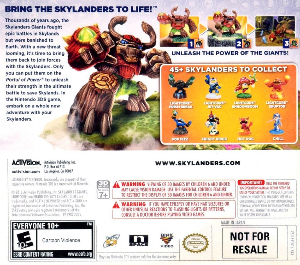 Skylanders Giants Nintendo 3DS for action adventure video game fans featuring portal powered gameplay collectible character figures giant Skylanders heroes platforming combat puzzle solving character upgrades family friendly adventure portable gaming collectible gaming appeal back cover art