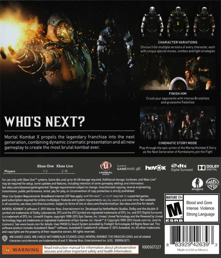 Mortal Kombat X back of case for Xbox One (XONE) fighting video game