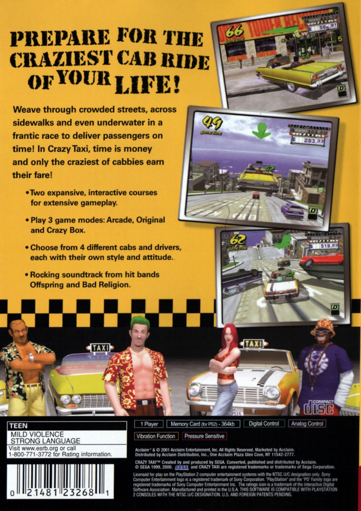 Crazy Taxi PlayStation 2 arcade-style driving video game Sega fast-paced passenger delivery open-world city environment licensed punk alternative soundtrack insane stunts time-based scoring Crazy Box challenge modes original arcade port back cover