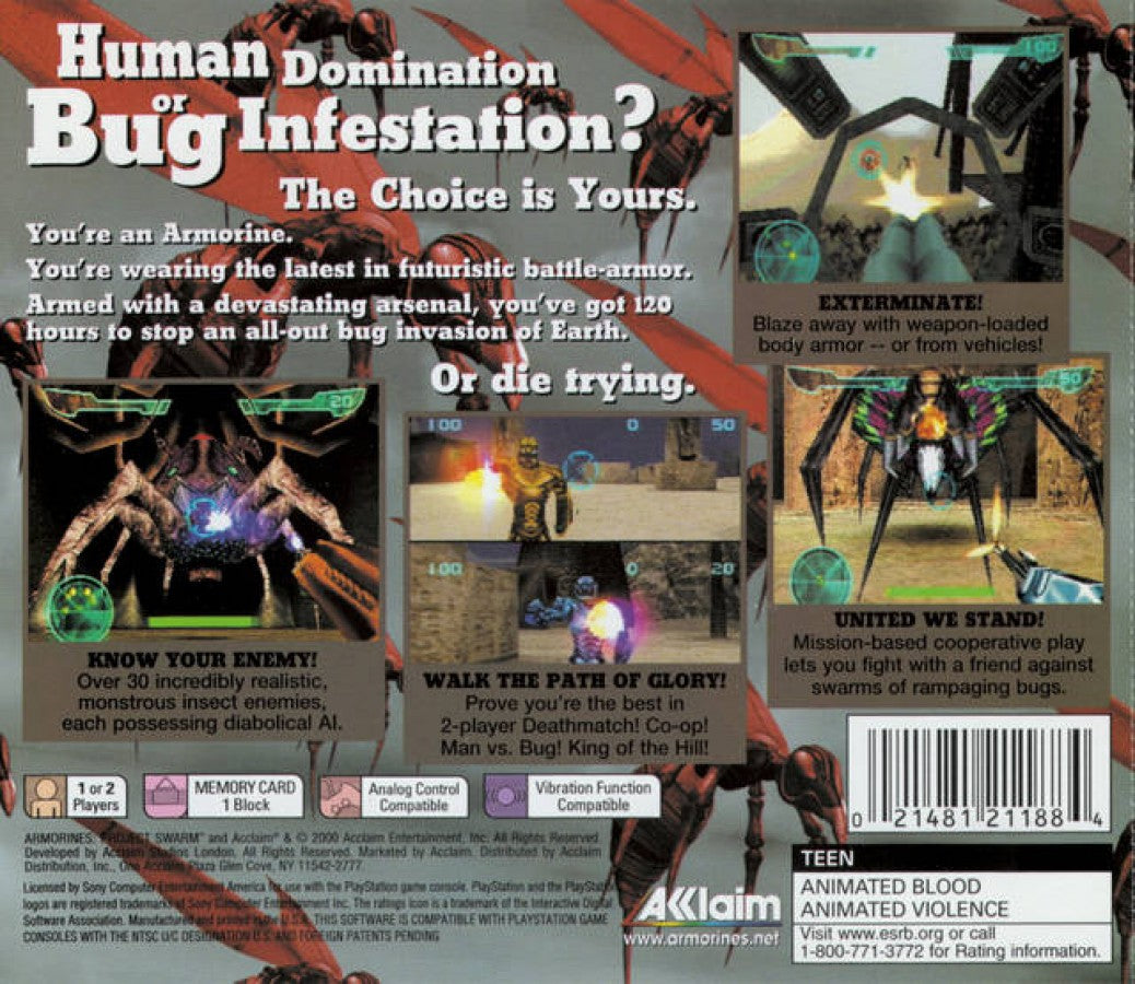 Armorines Project SWARM back of case for PlayStation 1 PS1 retro video game