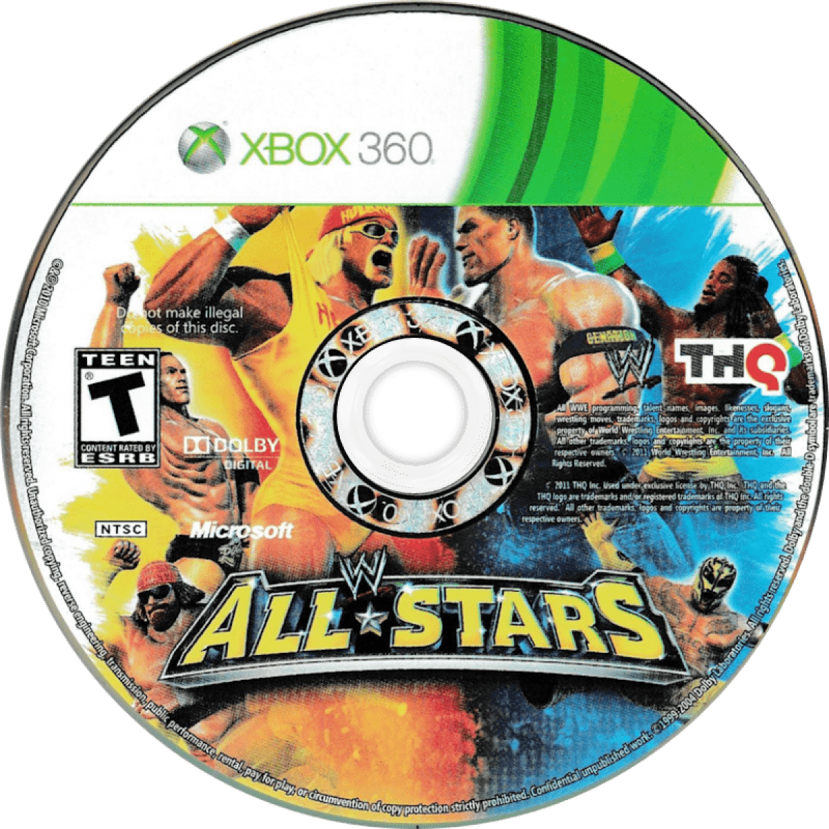 WWE All Stars Xbox 360 game disc for the Xbox 360 system.