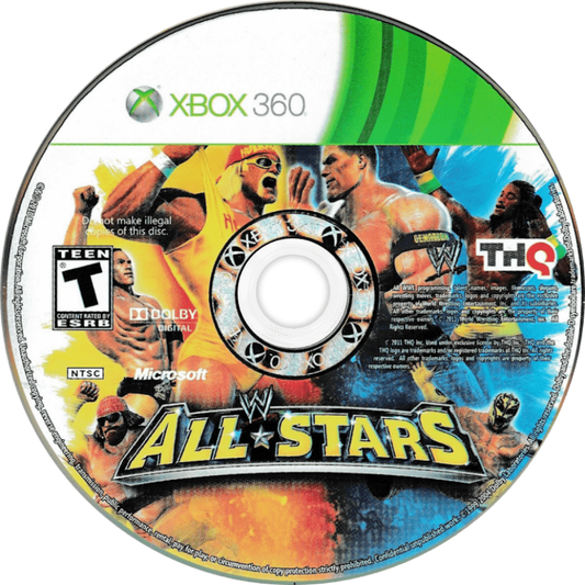 WWE All Stars Xbox 360 game disc for the Xbox 360 system.