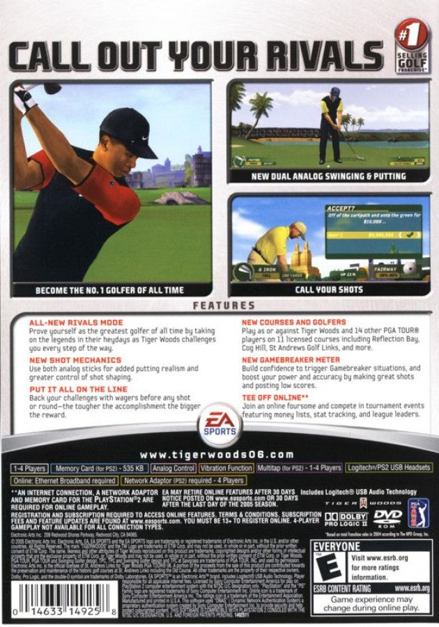 Tiger Woods PGA Tour 06 – PlayStation 2 (PS2) video game back of case, golf sports simulation.