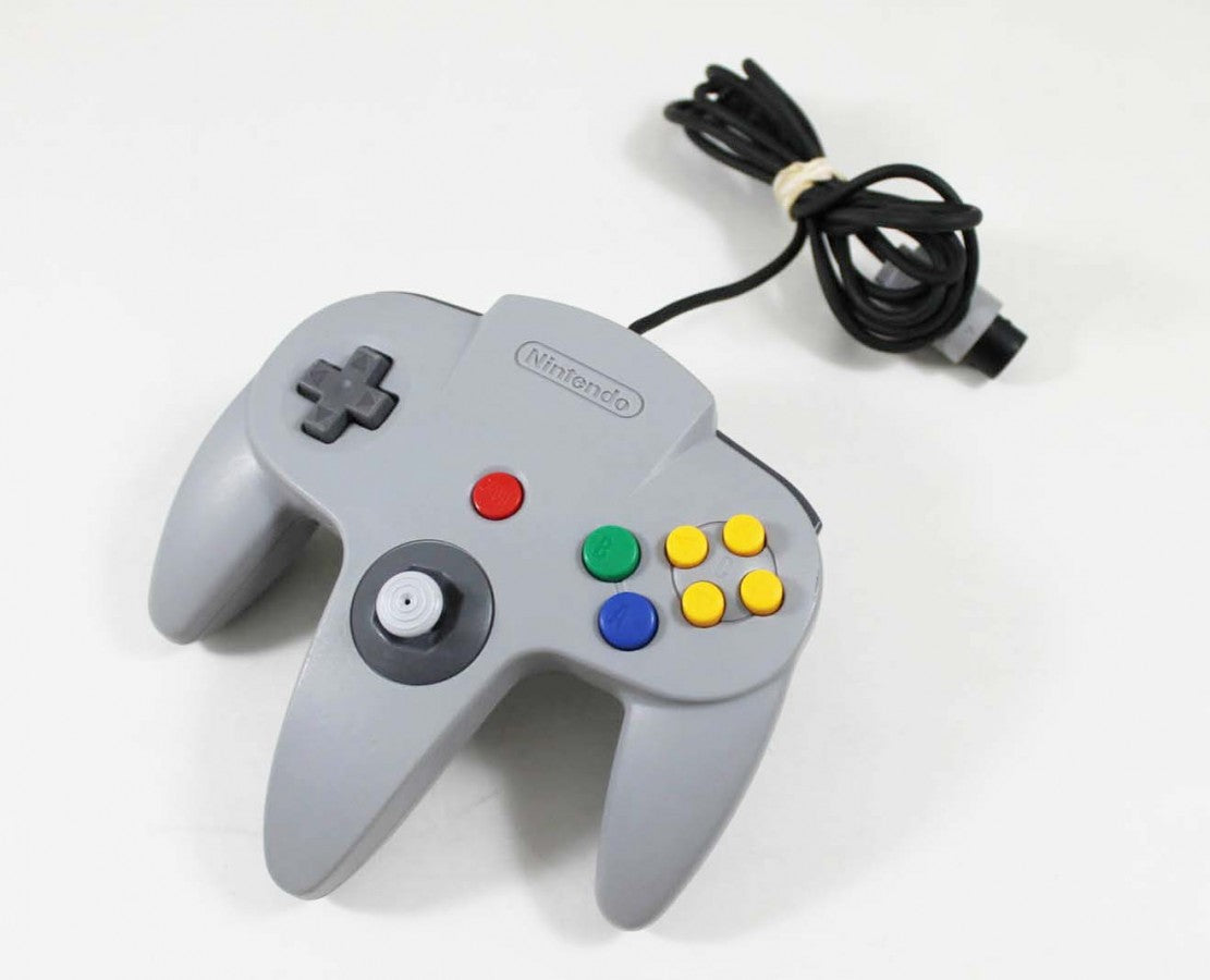 Front view of original gray Nintendo 64 controller wired gaming accessory