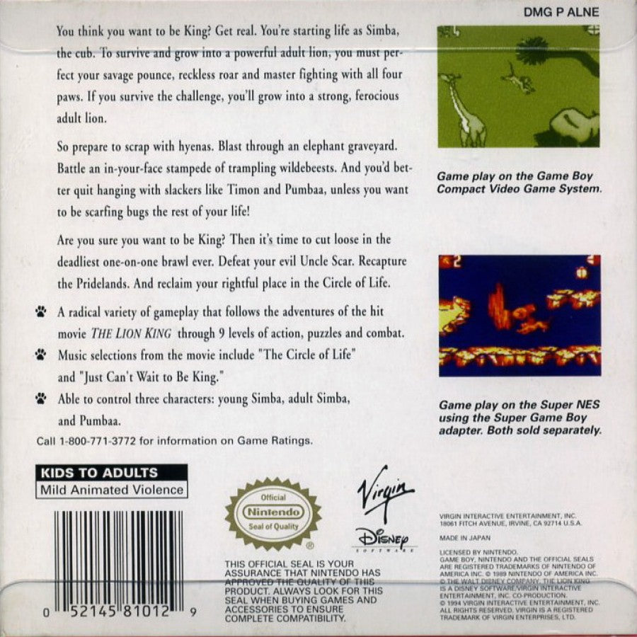The Lion King back cover art for Game Boy (GB) video game