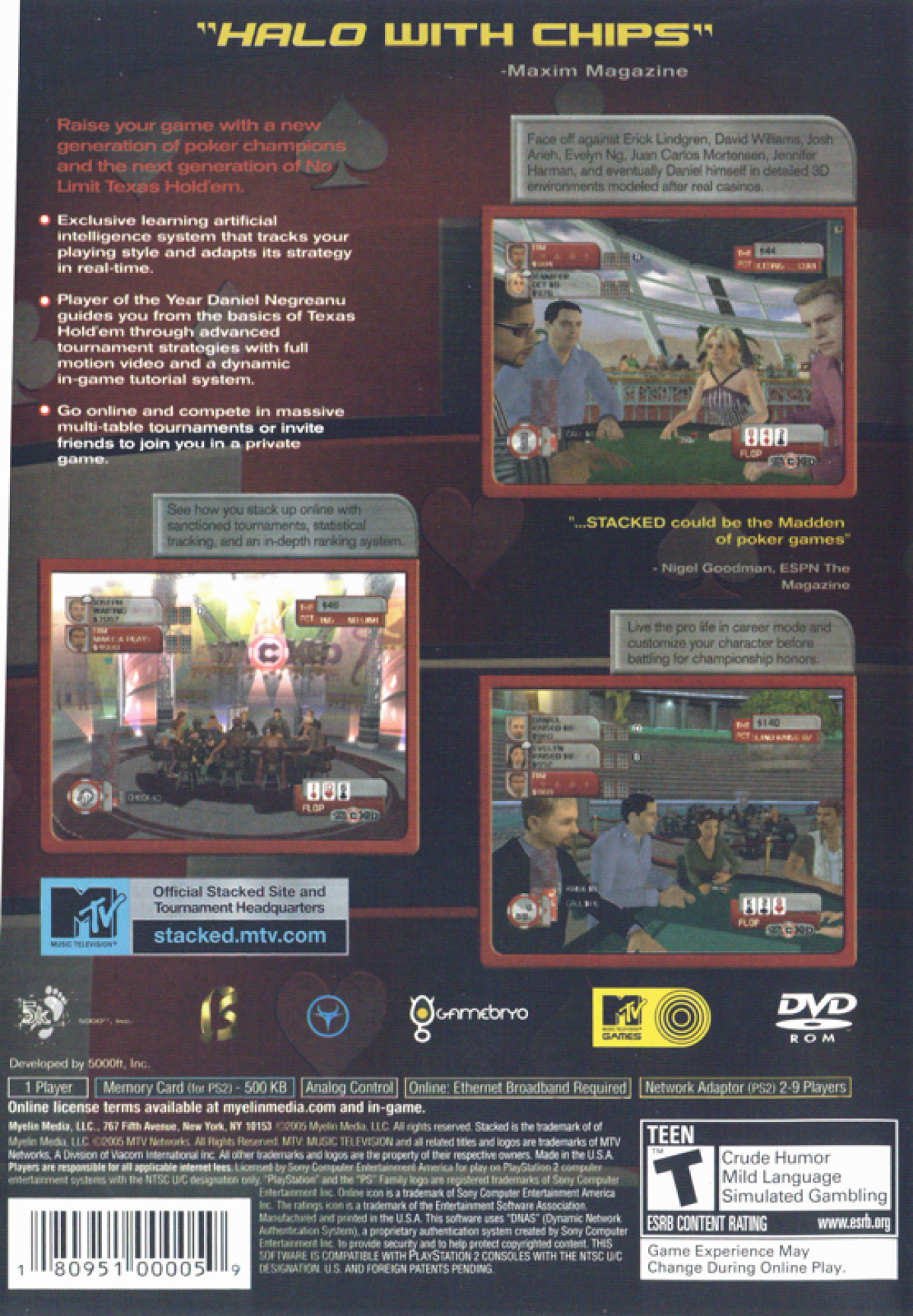 Stacked With Daniel Negreanu – PlayStation 2 (PS2) video game back of case, poker simulation.
