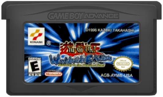 Yu-Gi-Oh Worldwide Edition Stairway to the Destined Duel for Game Boy Advance, cartridge for a retro video game featuring strategy card battles, deck-building gameplay, turn-based duels, collectible cards, and anime-inspired competition