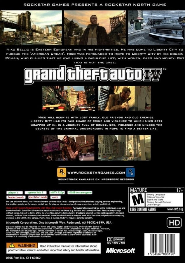 Grand Theft Auto IV back cover art for Xbox 360 (X360) video game