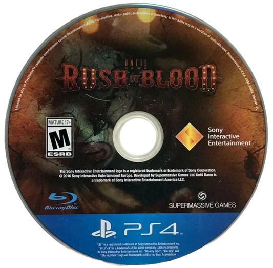 Until Dawn: Rush of Blood – PlayStation 4 (PS4) video game disc, VR rail shooter horror experience.