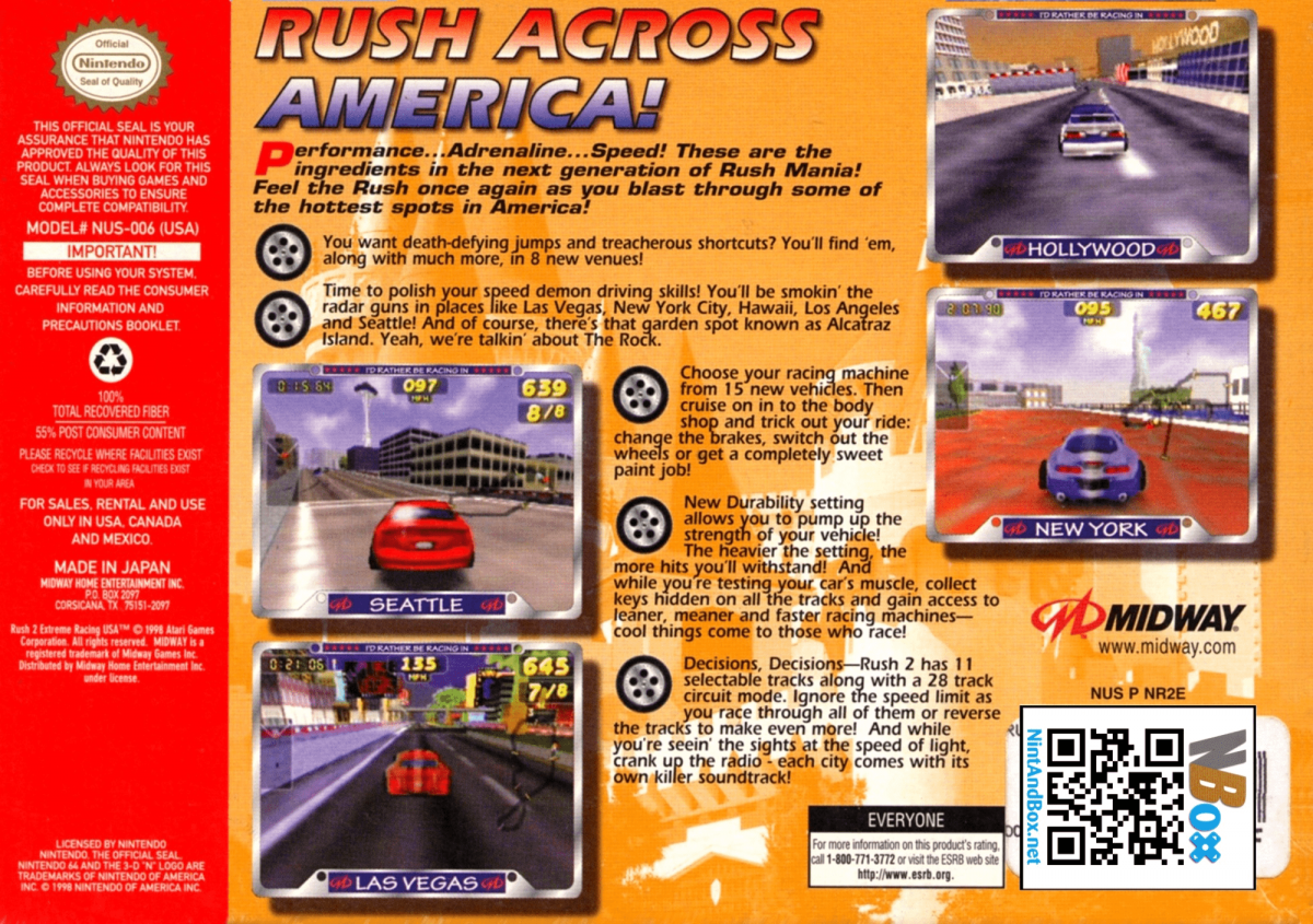 Rush 2: Extreme Racing USA back cover art for Nintendo 64 (N64) video game