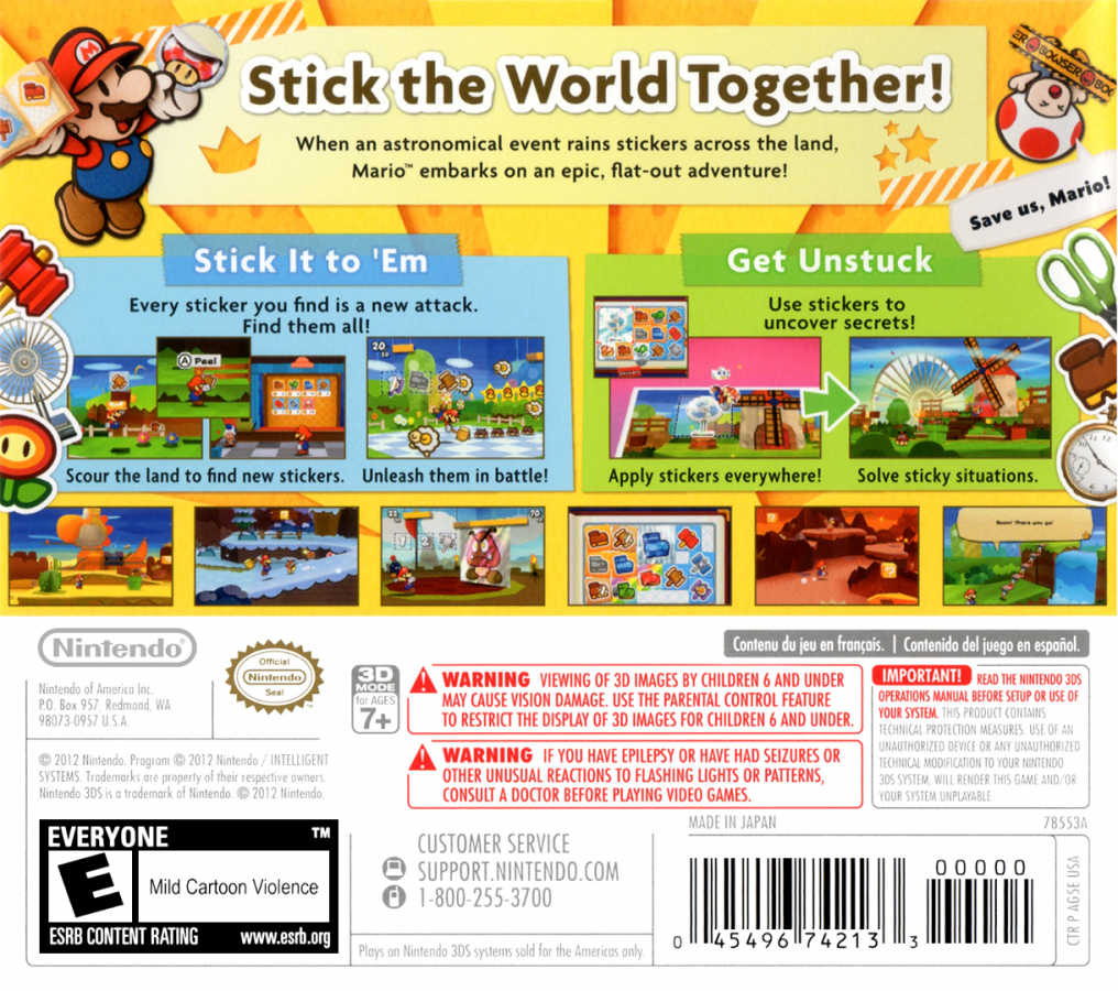 Paper Mario Sticker Star for Nintendo 3DS adventure role playing game featuring whimsical sticker based combat charming characters vibrant worlds and classic Mario franchise humor back cover
