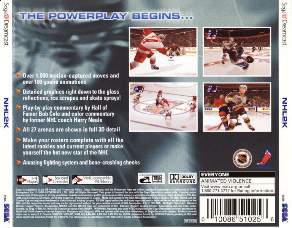 NHL 2K back cover art for Sega Dreamcast (DC) video game