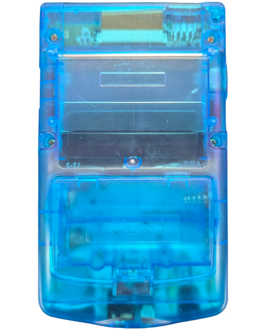 Game Boy Color GBC handheld console, custom blue clear shell, portable Nintendo system, retro gaming, scratch and scuff cosmetic condition back cover of actual console