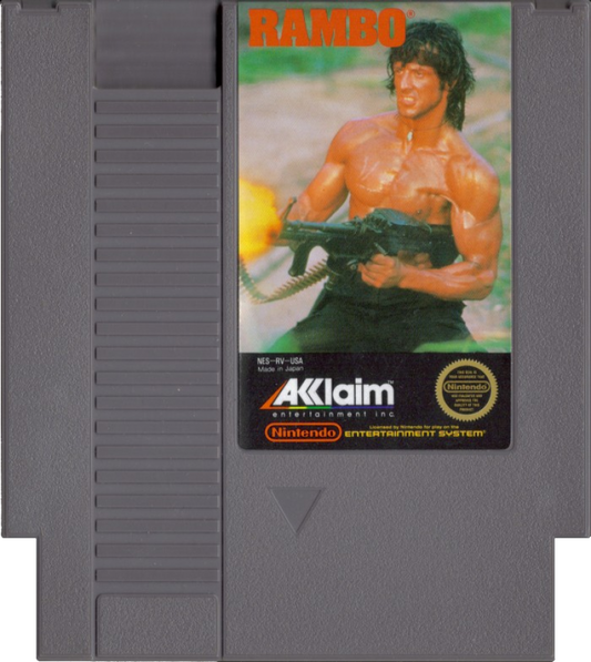 Rambo Nintendo Entertainment System NES video game featuring action adventure gameplay John Rambo military combat enemy battles weapon attacks jungle missions survival action challenging stages and classic 8 bit Nintendo gameplay retro video game collection collectible gaming appeal game cartridge
