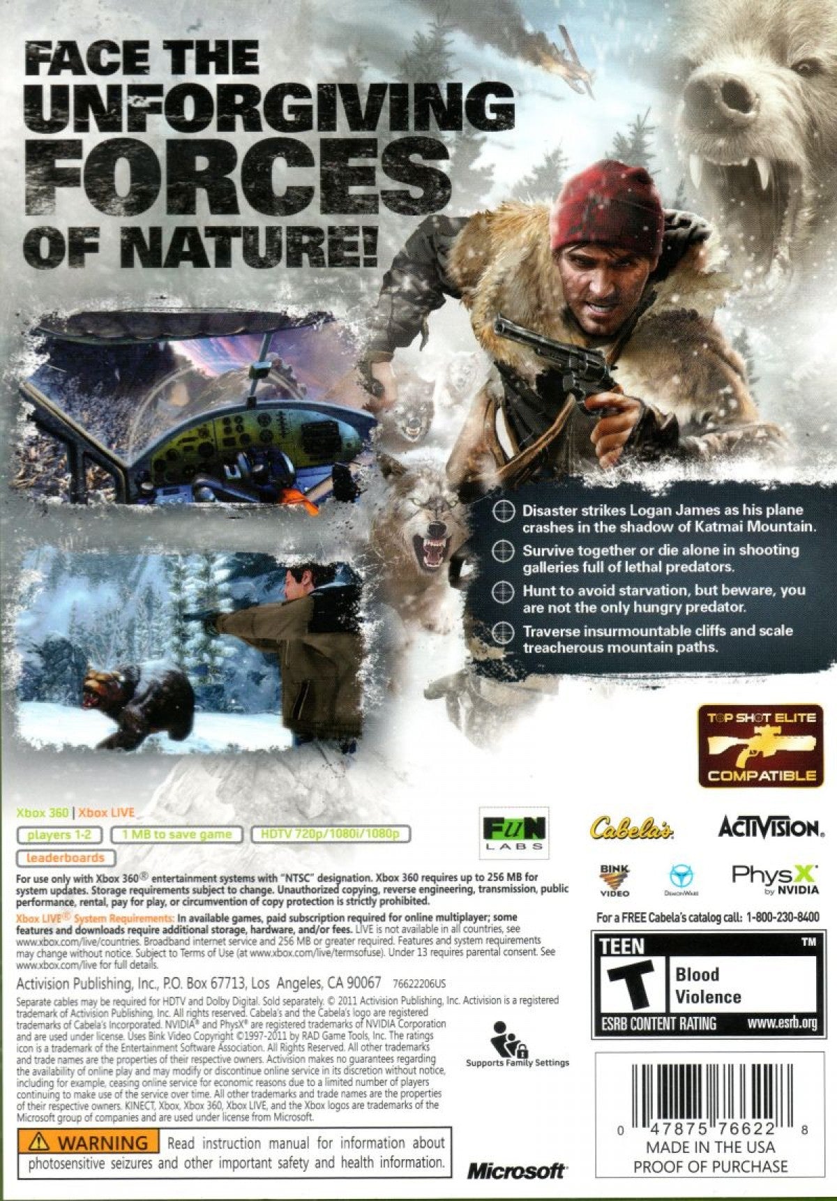 Cabela’s Survival Shadows of Katmai Xbox 360 cover art for retro video game enthusiasts featuring wilderness survival gameplay first person hunting mechanics harsh Alaskan environments resource gathering tracking wildlife dangerous encounters and immersive outdoor survival adventure experience and collectible gaming appeal back cover art