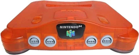 Front-facing view of Nintendo 64 Funtastic Fire Orange console with translucent orange casing and classic N64 design