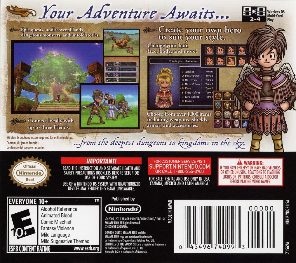 Dragon Quest IX Sentinels of the Starry Skies Nintendo DS video game, JRPG, fantasy adventure, turn-based combat, classic Dragon Quest title back cover