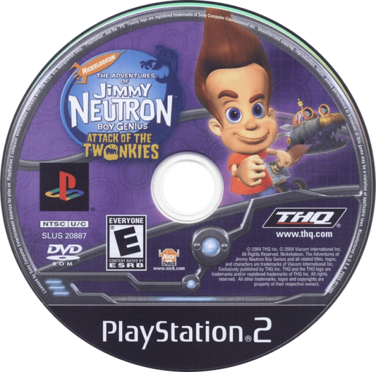 The Adventures of Jimmy Neutron Boy Genius Attack of the Twonkies PlayStation 2 action-adventure platformer video game based on the animated movie snow planet Twonkies creatures Jimmy Sheen Cindy Carl battling collecting THQ Nickelodeon license disc