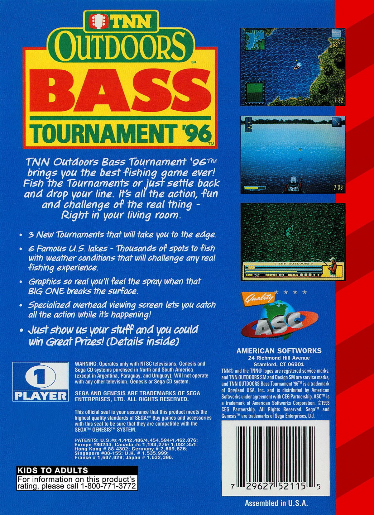 TNN Outdoors Bass Tournament 96 retro Sega Genesis video game featuring fishing tournament gameplay, competitive bass fishing challenges, sports simulation action and classic Genesis entertainment- back of case