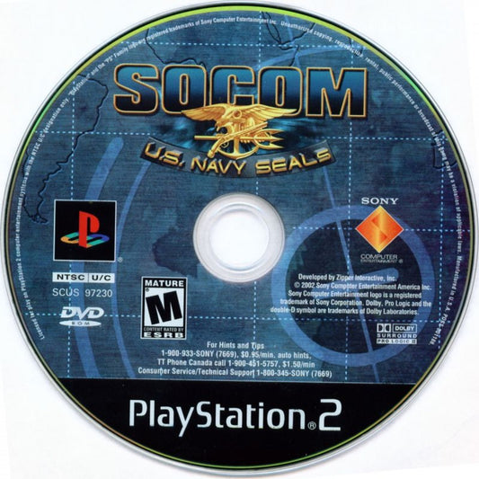 SOCOM: U.S. Navy Seals – PlayStation 2 (PS2) video game disc, tactical shooter.