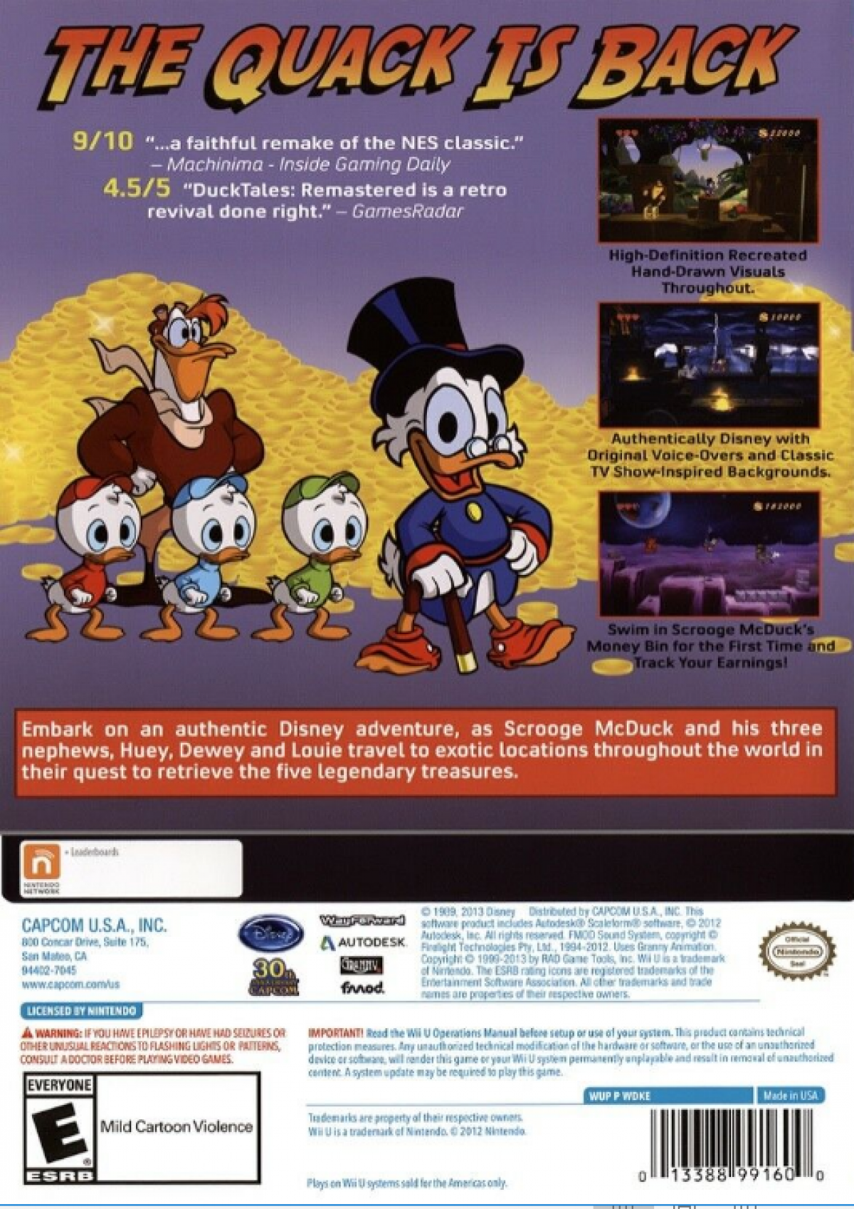 DuckTales Remastered Nintendo Wii U video game, action platformer, classic Disney adventure, HD remaster, retro-inspired back cover