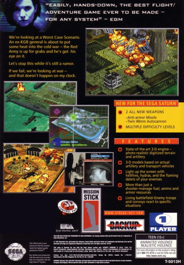Soviet Strike Sega Saturn isometric helicopter action shooter military arcade combat desert jungle missions FMV style briefing sequences Electronic Arts Strike series gameplay retro gaming Sega Saturn software video game title back cover art