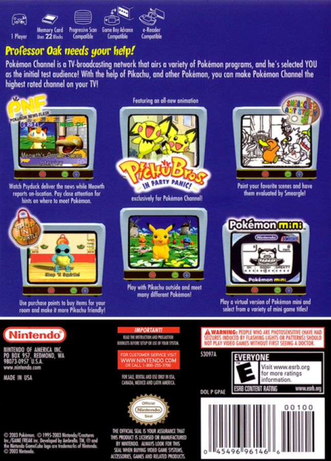 Pokemon Channel back cover art for Nintendo GameCube (GC) video game