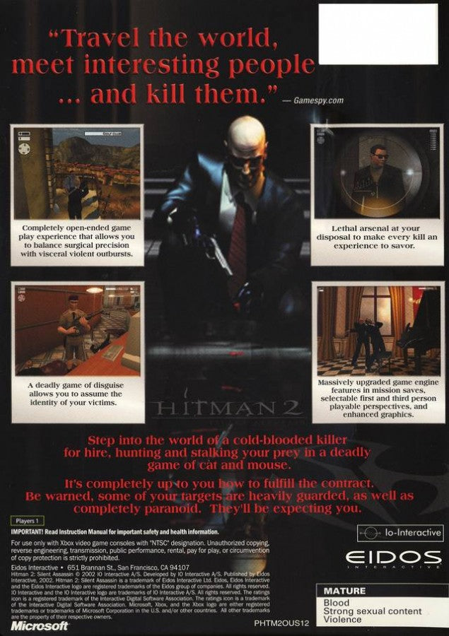Hitman 2 Silent Assassin for Xbox (Xbox), back of case, stealth action video game.