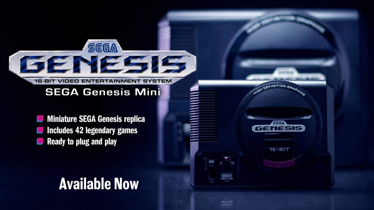 SEGA Genesis Mini retro gaming console replica plug-and-play system preloaded with 42 classic games including Sonic the Hedgehog Streets of Rage 2 and Phantasy Star IV with two replica control pads HDMI cable and modern menu interface promo image