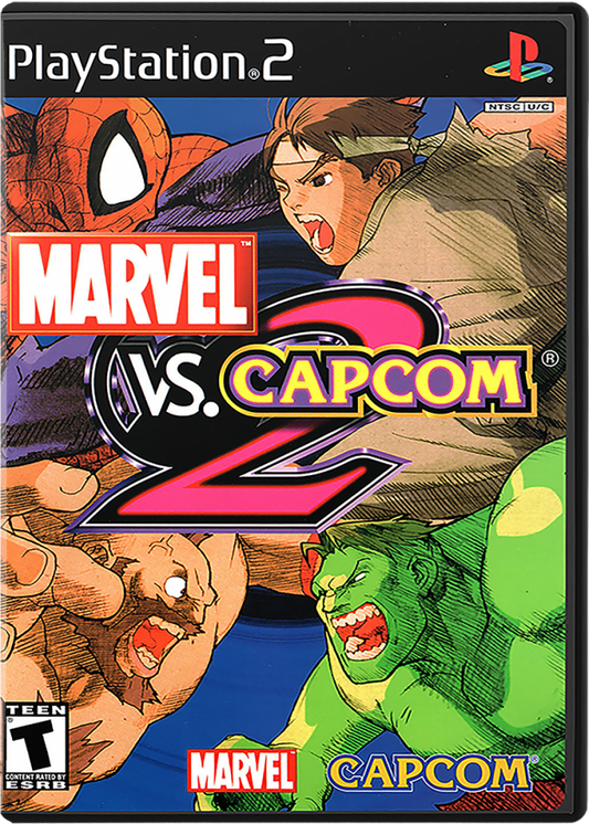 PlayStation 2 game case for 'Marvel vs. Capcom 2' featuring Marvel and Capcom logos.