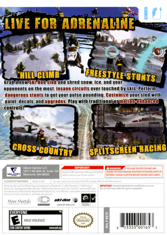 Ski-Doo: Snowmobile Challenge – Nintendo Wii (Wii) snowmobile racing sports simulation video game back of case