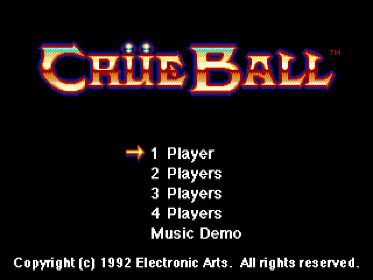 Crue Ball title screen for Sega Genesis (GEN) video game