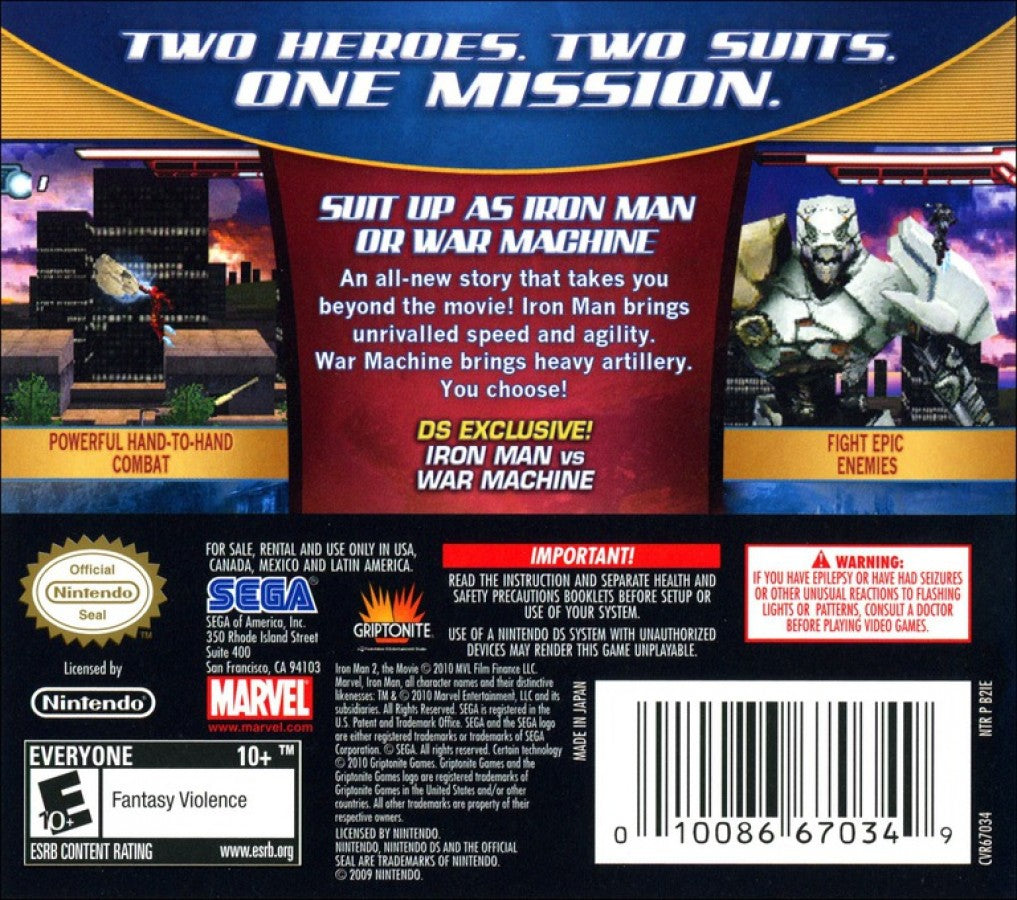 Iron Man 2 for Nintendo DS action adventure superhero game based on the Marvel film featuring armored combat missions villains upgrades touchscreen gameplay back cover